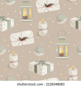 Seamless christmas and new year pattern envelope letter, holly branch, gift, candle beige background