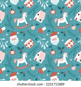 Seamless Christmas and New Year pattern with various Christmas decorations.