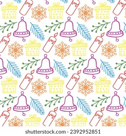Patrón de Navidad y Año Nuevo sin problemas con elementos de invierno. Regalo, rama de árbol de Navidad, campana, copo de nieve, vela. Vector.