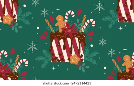 Seamless Christmas and New Year pattern. Sweet cake with holiday decoration vector illustration. Winter holiday texture