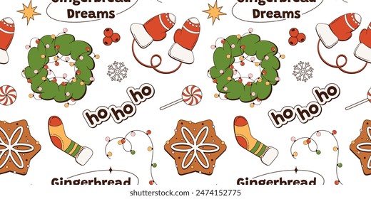 Seamless Christmas and New Year pattern with gingerbread cookies, stockings, mittens, wreaths, garlands, snowflakes, stars, candies, text stickers. Stylish seamless pattern with Christmas elements