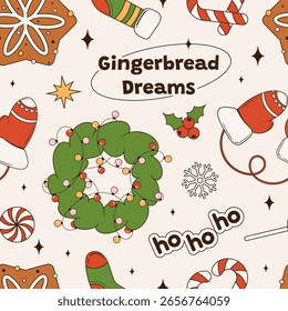 Seamless Christmas and New Year pattern with gingerbread cookies, stockings, mittens, wreaths, garlands, snowflakes, stars, candies, text stickers. Modern pattern with New Year elements. Vector