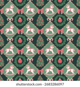 Natal sem emenda, padrão de Ano Novo. Design de férias. Cavalo, árvore, arco, coroa. Interminável repetir fundo de Natal, papel de parede. Retrô, estilo vintage. 