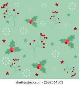 Patrón de Navidades sin fisuras y año Nuevo con hojas de acebo, bayas rojas, estrellas y copos de nieve sobre un fondo verde. Ideal para tarjetas, papel de regalo y diseños festivos de invierno. Ilustración vectorial