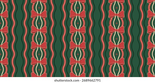 Seamless Christmas, New Year pattern. Holiday design. Scallop waves,
stripes, bows. Endless repeat Christmas background, wallpaper. Retro, vintage style. 