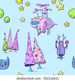 seamless christmas and new year pattern with christmas tree and cartoon characters