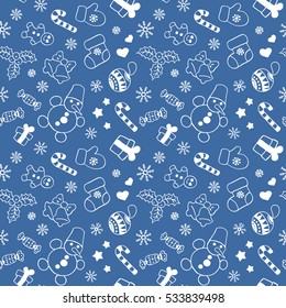 Seamless Christmas and New Year pattern for gift box and wrapping paper. Vector. Blue and white