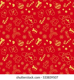 Seamless Christmas and New Year pattern for gift box and wrapping paper. Vector. Red and gold