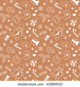 Seamless Christmas and New Year pattern for gift box and wrapping paper. Vector. Light brown and white