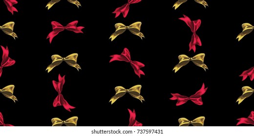 Seamless Christmas and New Year pattern with Christmas bows on a black background. Vector illustration.