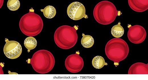 Seamless Christmas and New Year pattern with Christmas balls on a black background. Vector illustration.
