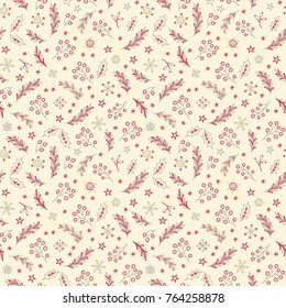 Seamless Christmas and New Year pattern with spruce branches, berries, snowflakes and stars.