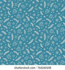 Seamless Christmas and New Year pattern with spruce branches, berries, snowflakes and stars.