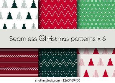 Seamless Christmas and New Year patterns set in minimalist Scandinavian style. Fir trees, lines, stripes and crosses on white, red and green background. Can be used for wrapping paper, textile etc.