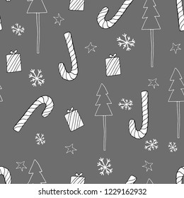 Seamless Christmas or New Year vector pattern with gift boxes, christmas tree, candy cane, stars and snowflake. Celebration gray background. Minimal hand drawn elements.