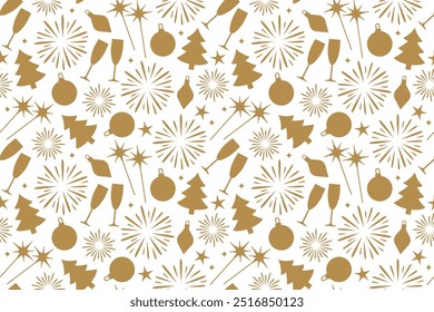 seamless christmas, New Year's Eve golden pattern with champagne  glasses, fireworks, sparklers, baubles and stars- vector illustration
