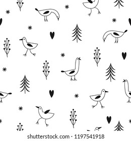 seamless christmas and new year's pattern with hand drawn  birds on a  white background