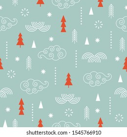 Seamless christmas and new year's pattern, clouds, trees  and snowflakes, Seasons greetings background
