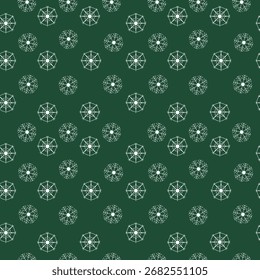 Um padrão de Natal e Ano Novo sem costura com flocos de neve em um fundo verde. Perfeito para embalagens, cartões de felicitações, impressões, banners e cartazes. Elementos de inverno em um fundo verde