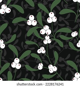 Seamless Christmas and New Year`s vector pattern. Floral design with holly branches and leaves and white berries on black background. For wrapping paper, surface textures, fabric print