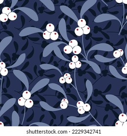 Seamless Christmas and New Year`s vector pattern. Floral design with holly branches and leaves and white berries on blue background. For wrapping paper, surface textures, fabric print