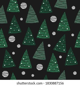 seamless christmas night pattern background with hand draw pine tree