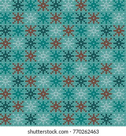 Seamless Christmas nordic knitting vector pattern with colorful snowflakes on light green background