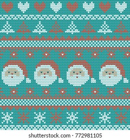 Seamless Christmas nordic knitting vector pattern with fir-trees, snowflakes, hearts, Santa Claus and decorative stripes on green background
