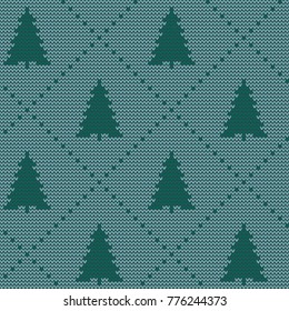 Seamless Christmas nordic knitting vector pattern with colorful fir-trees and decorative line on light blue background