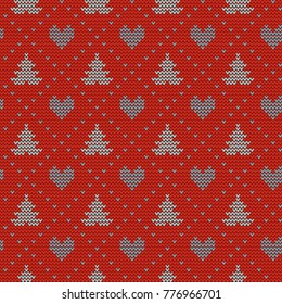 Seamless Christmas nordic knitting vector pattern with fir-trees, hearts and decorative line on red background