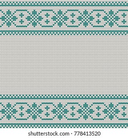 Seamless Christmas nordic knitting vector pattern with border of green decorative ornament on white background