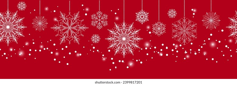 Seamless Christmas ornament border with white snowflakes. Hanging white Christmas decorations on a red background. Vector