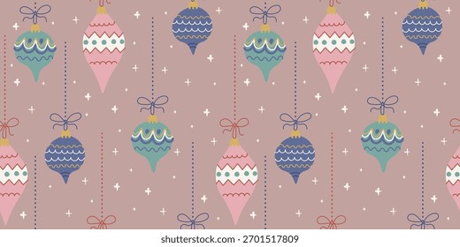 Patrón de adorno de Navidades sin costuras con adornos dibujados a mano y estrellas en colores pastel. Lindo fondo de Vector festivo con estilo de doodle vintage para la decoración y diseño acogedor de vacaciones de invierno.