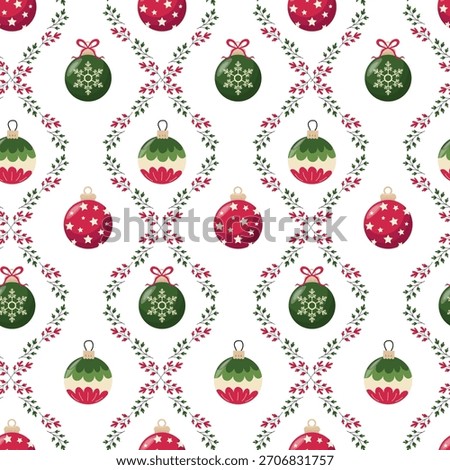 Seamless Christmas Ornament Pattern with Holly Wreaths