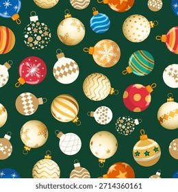 Seamless Christmas Ornament Pattern On Dark Green