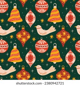 Seamless Christmas ornaments vector pattern for wrapping paper, textile, print, wallpaper, festive Xmas ball hanging decorations illustration, winter holiday celebration art
