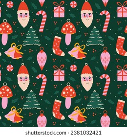 Seamless Christmas ornaments vector pattern for wrapping paper, textile, print, wallpaper, festive Xmas tree, balls, baubles, santa, candy cane decorations illustration, winter holiday gift boxes art