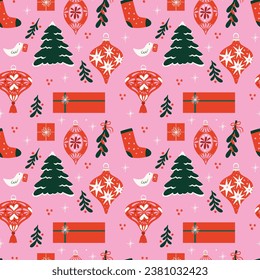 Seamless Christmas ornaments vector pattern wrapping paper, textile, print, wallpaper, festive pink Xmas tree, balls, baubles, santa, candy cane decorations illustration, winter holiday gift boxes art