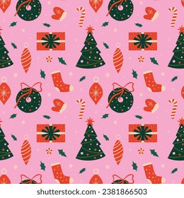 Seamless Christmas ornaments vector pattern for wrapping paper, textile, print, wallpaper, festive Xmas tree, balls, baubles, Santa, candy cane, wreath, garland illustration, winter holiday gift boxes