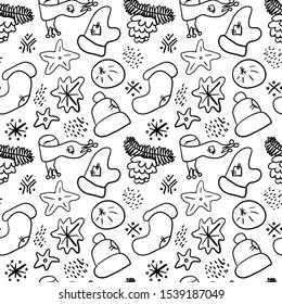 Seamless christmas outline pattern. Outline holiday elements isolated on white background. Coloring book elements. Cozy clothes with patch.