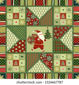 Seamless Christmas Patchwork Background. Santa Claus, Christmas tree, stars, snowflakes, hearts. Decorative holiday pattern for greeting card, fabric, wallpaper, digital paper, fills, etc.