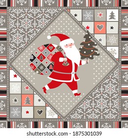 Sensación de Navidad sin inconvenientes Fondo con Santa Claus, árbol de Navidad, estrellas, copos de nieve, corazones. Patrón de vacaciones decorativas para impresión, tela, papel pintado, papel digital, rellenos, etc.