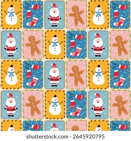 Seamless Christmas patchwork pattern with Santa Claus, snowman, gingerbread man, sock. Retro winter pattern. Vector.