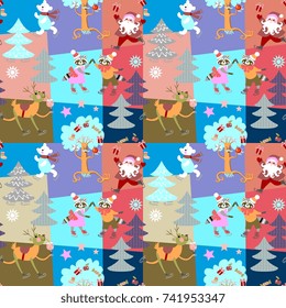 Seamless Christmas patchwork pattern with Santa Claus, funny  deer, polar bear and lovely raccoons on skates in winter forest. Vector illustration.