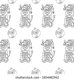 Seamless Christmas pattern with the 2021 symbol. Seamless linear steampunk pattern of bulls and balls with gears on a white background. Asian new year. Eastern horoscope.