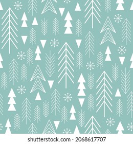 Seamless Christmas pattern. Abstract fir tree on blue background, geometric style