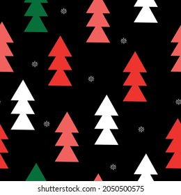 Seamless Christmas pattern. abstract red, green and pink Christmas trees on a black background. vector texture. trend print for textiles, postcards and packaging.