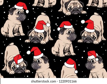 Padrão de Natal sem costura. Adoráveis filhotes bege Pugs em boné vermelho de um Papai Noel em uma noite de neve. Composição têxtil, impressão estilo desenhada à mão. Ilustração vetorial.