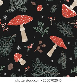 Seamless Christmas pattern with Amanita muscaria mushrooms, branches and berries. Cute Autumn and Winter background with fly agaric mushroom.