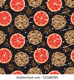 Seamless Christmas pattern with American cookies, anise and grapefruit. Vector illustrated fragrant holiday tile background. Wrapping paper texture